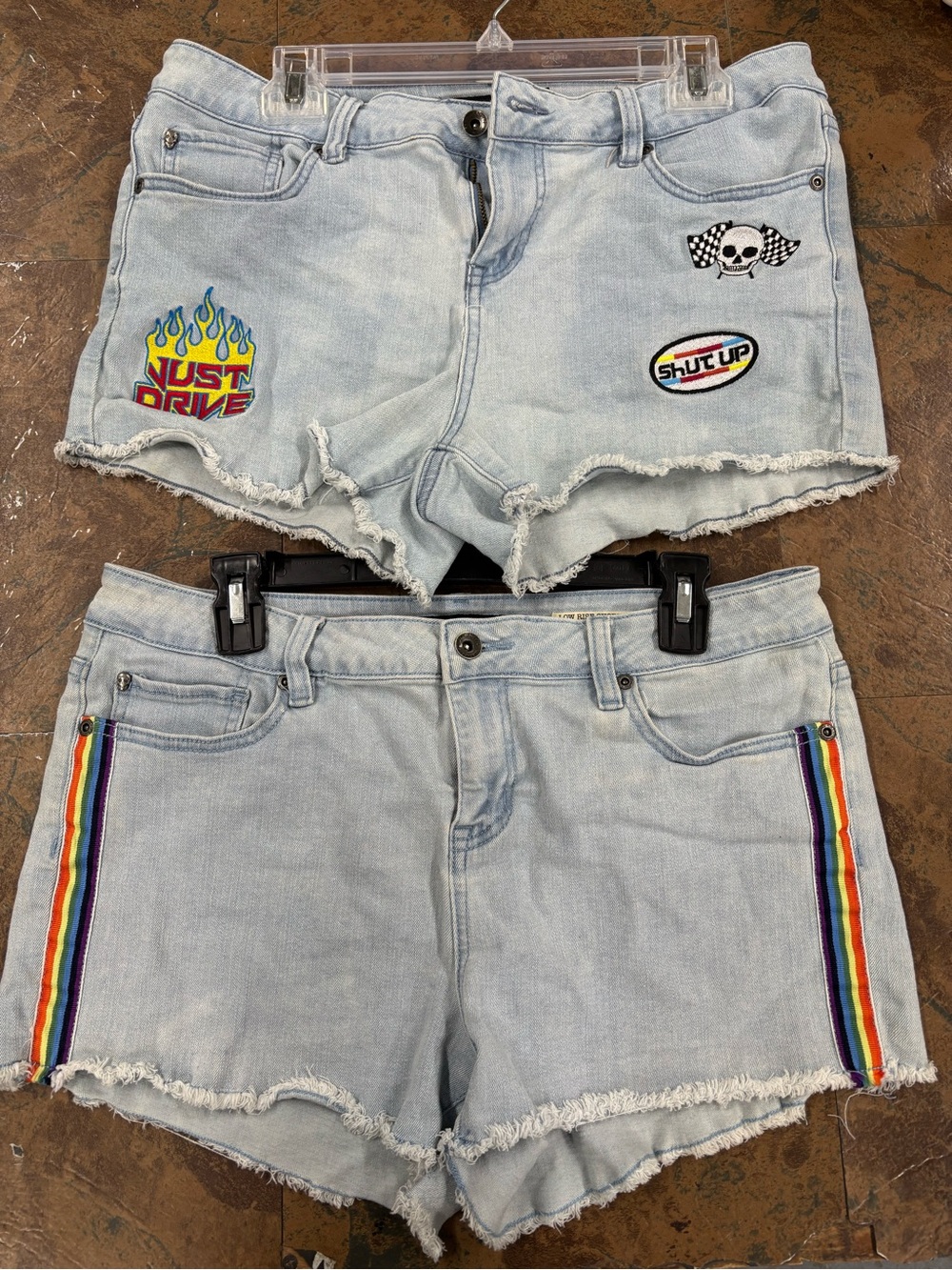 Blackheart Light Wash Denim Shorts with Patches & Rainbow Trim